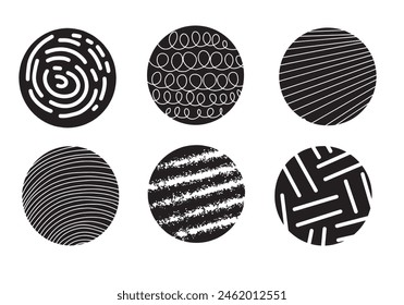 Set of round Abstract Backgrounds or Patterns. Hana drawn doodle shapes. Spots, drops, curves, Lines. Contemporary modern trendy Vector 