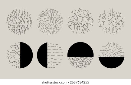 Set of round abstract backgrounds or patterns. Hand drawn doodles. Spots, drops, curves, lines. Vector illustration. Posters, social media icon templates.
