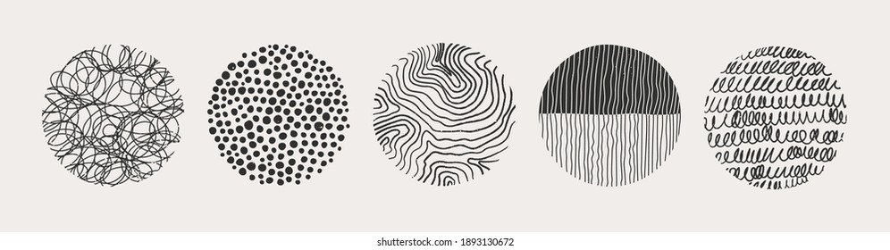 Set of round Abstract black Backgrounds or Patterns. Hand drawn doodle shapes. Spots, drops, curves, Lines. Contemporary modern trendy Vector illustration. Posters, Social media Icons templates