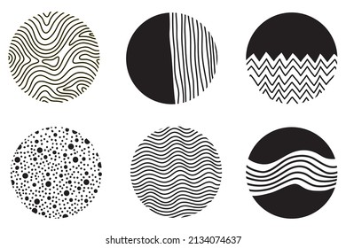 Set of round Abstract black Backgrounds or Patterns. Hand drawn doodle shapes. Spots, drops, curves, Lines. Contemporary modern trendy Vector illustration. Posters, Social media Icons templates