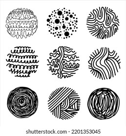 Set of round abstract black backgrounds, patterns. Hand-drawn doodle shapes. Spots, drops, bends, convolutions, lines. Vector illustration of modern fashion.Posters, icon templates for social networks