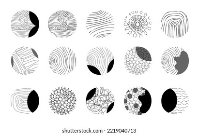 Set of round abstract black backgrounds or patterns. Hand drawn doodle shapes. Modern trendy illustration, poster, icon for social media, bloggers, photographers