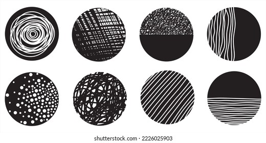 Set of round Abstract black Backgrounds or Patterns. Hand drawn doodle shapes. Spots, drops, curves, Lines. Contemporary modern trendy Vector illustration. Posters, Social media Icons templates