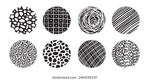 Set of round Abstract black Backgrounds or Patterns. Hand drawn doodle shapes. Spots, drops, curves, Lines. Contemporary modern trendy Vector illustration. Posters, Social media Icons templates