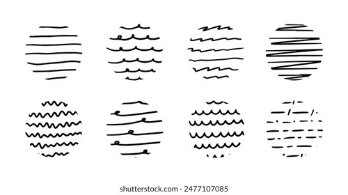 Set of round abstract black Backgrounds or Patterns. Hand drawn circle doodle shapes. Spots, drops, curves, Lines. Contemporary modern trendy Vector