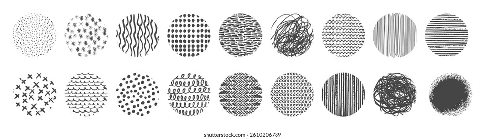 Set of round abstract black backgrounds or patterns. Hand drawn doodle shapes isolated on transparent. Use for posters, greeting and business cards, banners, labels, badges and other graphic designs.