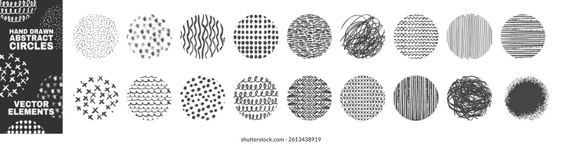 Set of round abstract black backgrounds or patterns. Hand drawn doodle shapes isolated on transparent. Use for posters, greeting and business cards, banners, labels, badges and other graphic designs.