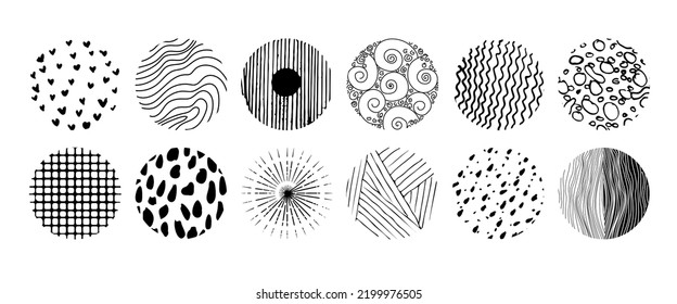 Set of round abstract black hand drawn doodle shapes. Spots, drops, curves, lines. Backgrounds in the form of a circle of spots, lines, splashes, stripes and dots.