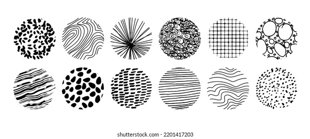 Conjunto de formas redondeadas abstractas de doodles dibujados a mano negra. Lugares, gotas, curvas, líneas. Fondos en forma de círculo de puntos, líneas, salpicaduras, rayas y puntos.