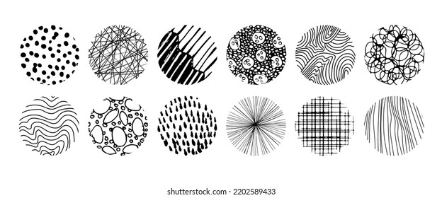 Set of round abstract black hand drawn doodle shapes. Spots, drops, curves, lines. Backgrounds in the form of a circle of spots, lines, splashes, stripes and dots.