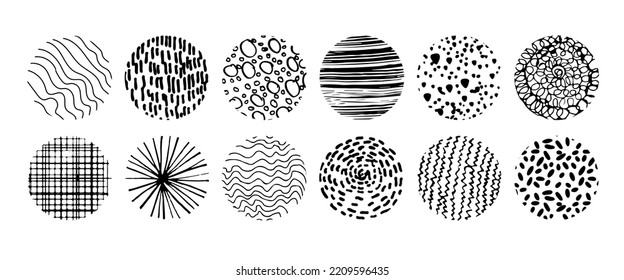 Set of round abstract black hand drawn doodle shapes. Spots, drops, curves, lines. Backgrounds in the form of a circle of spots, lines, splashes, stripes and dots.