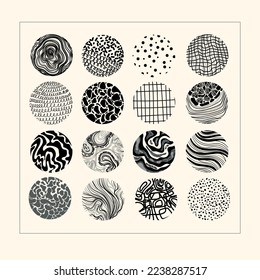 Set of round abstract black and white  patterns. Drawn doodle shapes. Spots, drops, curves, lines. Modern  fashion vector illustration. Posters, icon templates for social networks