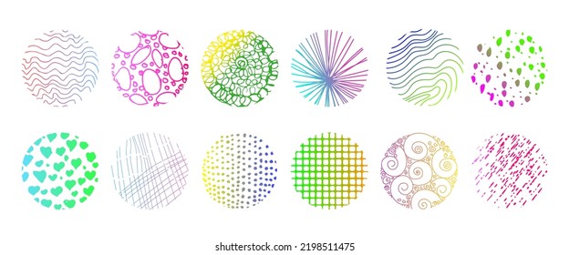 Set of round abstract colored hand drawn doodle shapes. Spots, drops, curves, lines. Backgrounds in the form of a circle of spots, lines, splashes, stripes and dots.