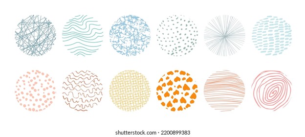 Set of round abstract colored hand drawn doodle shapes. Backgrounds in the form of a circle of spots, lines, splashes, curves, stripes and dots.