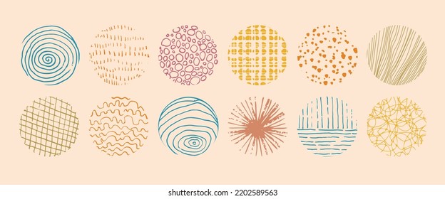 Set of round abstract colored hand drawn doodle shapes. Spots, drops, curves, lines. Backgrounds in the form of a circle of spots, lines, splashes, stripes and dots.