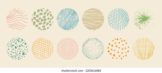 Set of round abstract colored hand drawn doodle shapes. Backgrounds in the form of a circle of spots, lines, splashes, curves, stripes and dots.