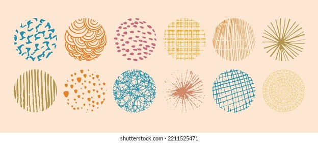 Set of round abstract colored hand drawn doodle shapes. Spots, drops, curves, lines. Backgrounds in the form of a circle of spots, lines, splashes, stripes and dots.