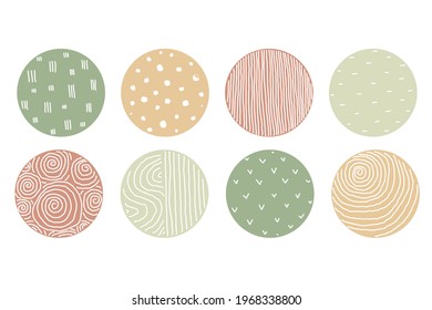 Set of round Abstract colorful Background  Patterns. Highlight cover set. Hand drawn doodle shapes. Spots, drops, curves, Lines. Contemporary modern trendy Vector illustration. Social media Icons