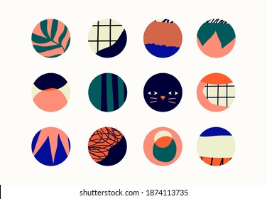 Set of round Abstract colorful Backgrounds or Patterns. Hand drawn doodle shapes, spots, drops, curves, lines. Contemporary modern trendy Vector illustration. Poster, print, social media templates