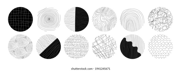 Set of round Abstract colorful Backgrounds or Patterns. Hand drawn doodle shapes. Spots, drops, curves, Lines. Vector stock illustration in a modern style. Stamp texture. Every pattern is isolated