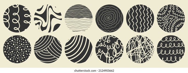 Set of round Abstract colorful Backgrounds or Patterns. Hand drawn doodle shapes. Spots, drops, curves, Lines. Contemporary modern trendy Vector illustration. Posters, Social media Icons templates.