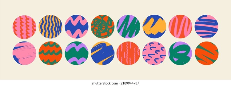 Set of round Abstract colorful Backgrounds or Patterns. Hand drawn doodle shapes. Spots, drops, curves, Lines. Contemporary modern trendy Vector illustration. Posters, Social media Icons templates.