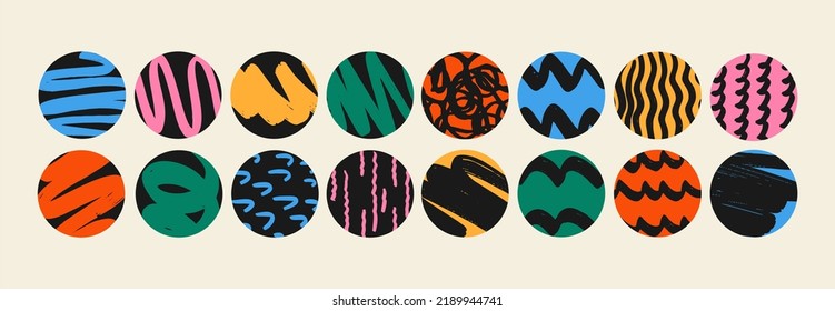 Set of round Abstract colorful Backgrounds or Patterns. Hand drawn doodle shapes. Spots, drops, curves, Lines. Contemporary modern trendy Vector illustration. Posters, Social media Icons templates.