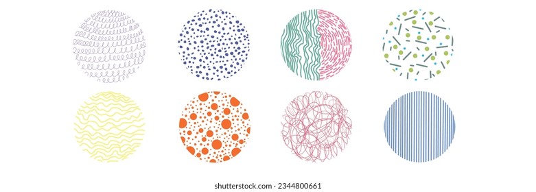 Conjunto de planos o patrones coloridos redondos y abstractos. Formas de doodle dibujadas. Lugares, gotas, curvas, líneas. Ilustración vectorial de moda moderna. Carteles, plantillas de iconos para redes sociales