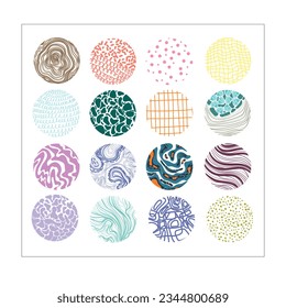 Set of round abstract colorful backgrounds or patterns. Drawn doodle shapes. Spots, drops, curves, lines. Modern fashion vector illustration. Posters, icon templates for social networks