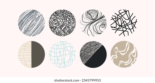 Set of round abstract colorful backgrounds or patterns. Drawn doodle shapes. Spots, drops, curves, lines. Modern fashion vector illustration. Posters, icon templates for social networks