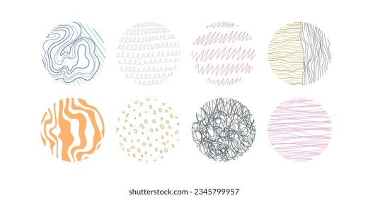 Set of round abstract colorful backgrounds or patterns. Drawn doodle shapes. Spots, drops, curves, lines. Modern fashion vector illustration. Posters, icon templates for social networks