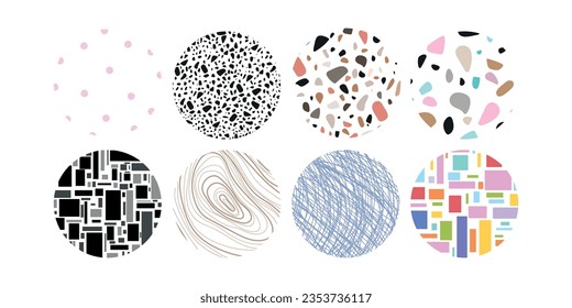 Set of round abstract colorful backgrounds or patterns. Drawn doodle shapes. Spots, drops, curves, lines. Modern fashion vector illustration. Posters, icon templates for social networks