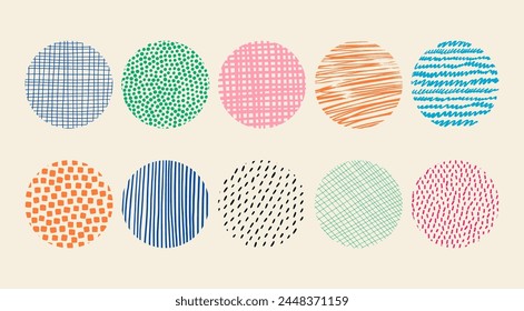 Set of round Abstract colorful Backgrounds or Patterns. Hand drawn doodle shapes. Spots, drops, curves, Lines. Contemporary modern trendy Vector illustration. Posters, Social media Icons templates