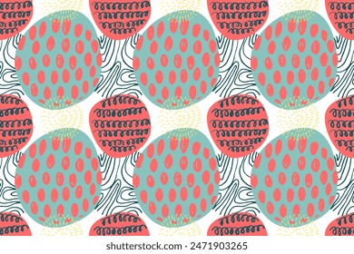 Set of round Abstract colorful Backgrounds or Patterns. Hand drawn doodle shapes. Spots, drops, curves, Lines. Contemporary modern trendy Vector illustration. Posters, Social media Icons templates