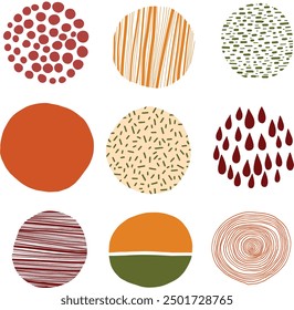 Set of round abstract colorful backgrounds or patterns. Autumn colors. Hand drawn doodles. Spots, drops, curves, lines. Modern fashion vector illustration. Posters, social media icon templates