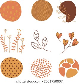 Set of round abstract colorful backgrounds or patterns. Autumn colors. Hand drawn doodles. Spots, drops, curves, lines. Modern fashion vector illustration. Posters, social media icon templates