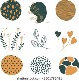 Set of round abstract colorful backgrounds or patterns. Autumn colors. Hand drawn doodles. Spots, drops, curves, lines. Modern fashion vector illustration. Posters, social media icon templates