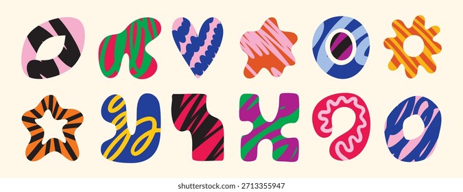 Set of round Abstract colorful Backgrounds or Patterns. Hand drawn doodle shapes. Spots, drops, curves, Lines. Contemporary modern trendy Vector illustration. Posters, Social.