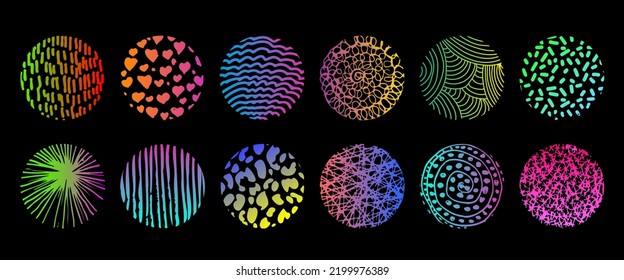 Set of round abstract colorful bright hand drawn doodle shapes. Spots, drops, curves, lines. Backgrounds in the form of a circle of spots, lines, splashes, stripes and dots.