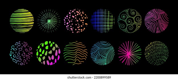 Set of round abstract colorful bright hand drawn doodle shapes. Spots, drops, curves, lines. Backgrounds in the form of a circle of spots, lines, splashes, stripes and dots.