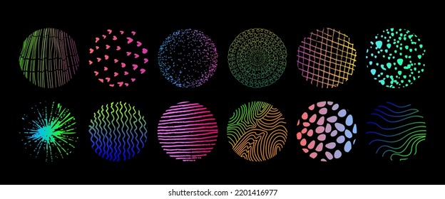 Conjunto de formas de doodle dibujadas a mano con colores vivos y redondos. Lugares, gotas, curvas, líneas. Fondos en forma de círculo de puntos, líneas, salpicaduras, rayas y puntos.