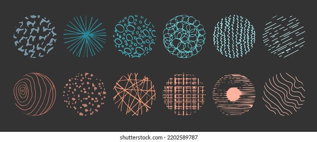 Rund abstrakte, bunt helle, handgezeichnete, doodle Formen. Hintergründe in Form eines Kreises von Flecken, Linien, Splash, Kurven, Streifen und Punkten.