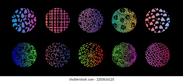 Set of round abstract colorful bright hand drawn doodle shapes. Backgrounds in the form of a circle of spots, lines, splashes, curves, stripes and dots.