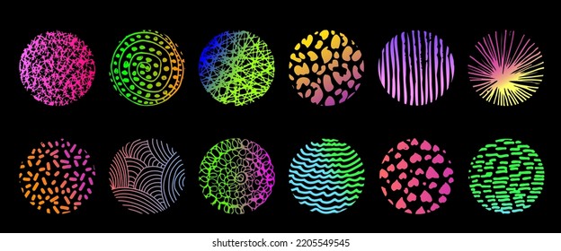 Set of round abstract colorful bright hand drawn doodle shapes. Backgrounds in the form of a circle of spots, lines, splashes, curves, stripes and dots.