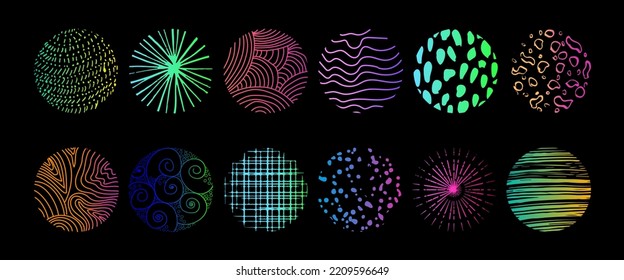 Rund abstrakte, bunt helle, handgezeichnete, doodle Formen. Hintergründe in Form eines Kreises von Flecken, Linien, Splash, Kurven, Streifen und Punkten.