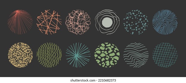 Set of round abstract colorful bright hand drawn doodle shapes. Backgrounds in the form of a circle of spots, lines, splashes, curves, stripes and dots.