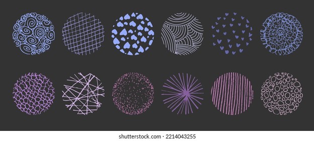 Set of round abstract colorful bright hand drawn doodle shapes. Backgrounds in the form of a circle of spots, lines, splashes, curves, stripes and dots.