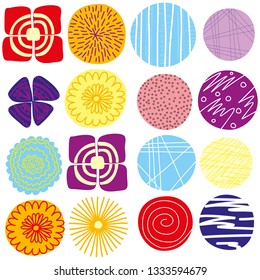 Set of round abstract elements, hand drawn, white background, vector illustration