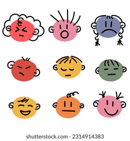 A set of round abstract faces with different emotions and hairstyles. Different colorful characters. Cartoon, flat style. Fashionable vector illustration of a hand-drawn face for a daily planner.