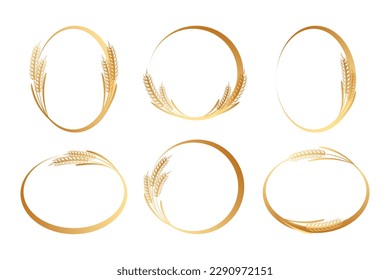 Set of round abstract golden icons of ears of wheat. Logo, icon, template, decor element, vector	

